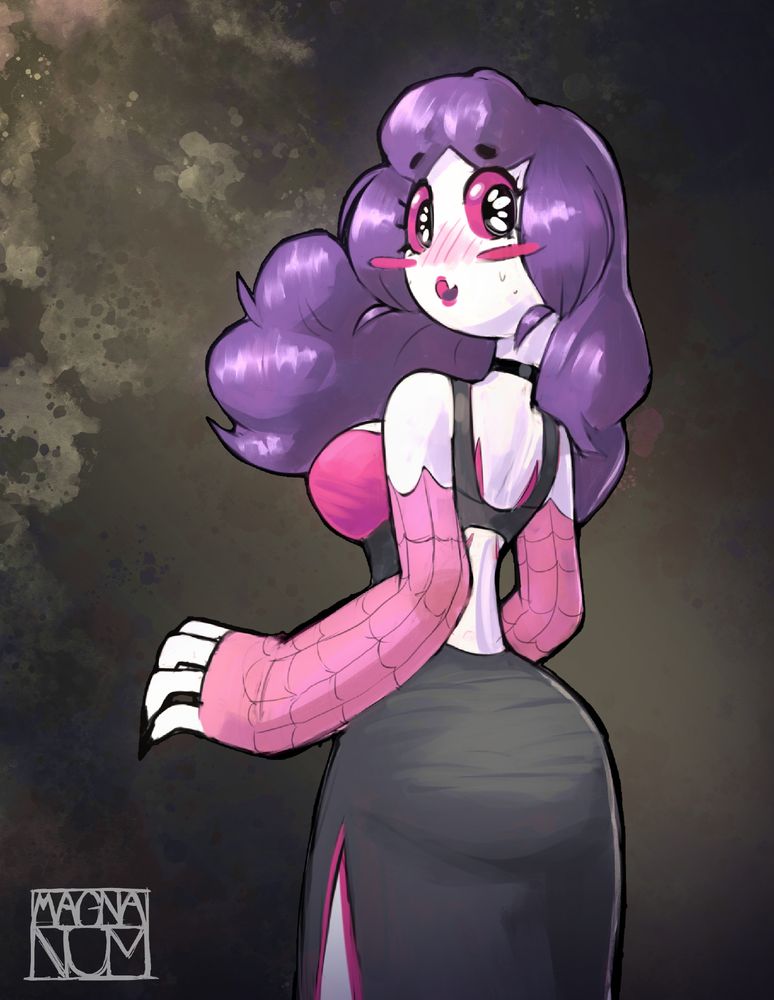 Num, the spider maid,  in a black cocktail dress with an open back, staring back at the viewer.