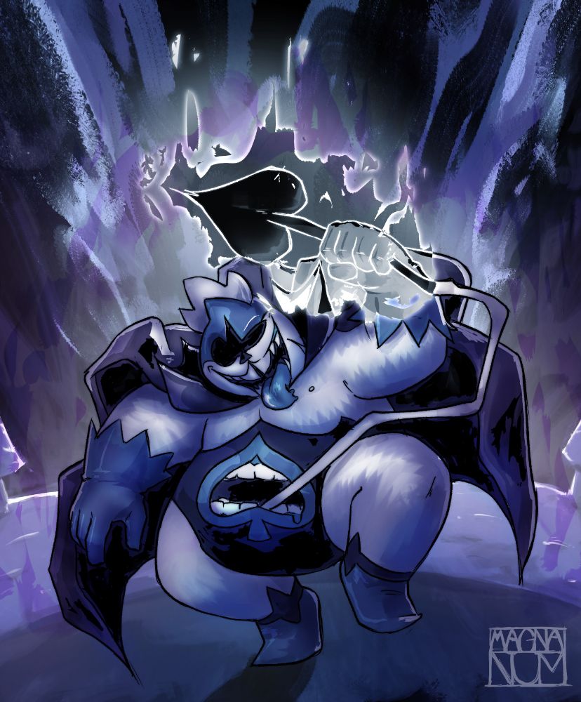 King, from  the videogame Deltarune,  posing menacingly, with his grinning with his tongue out, holding his Spade spear coming from his stomach mouth, it is glowing with darkness. 
The Dark fountain glows behind him.