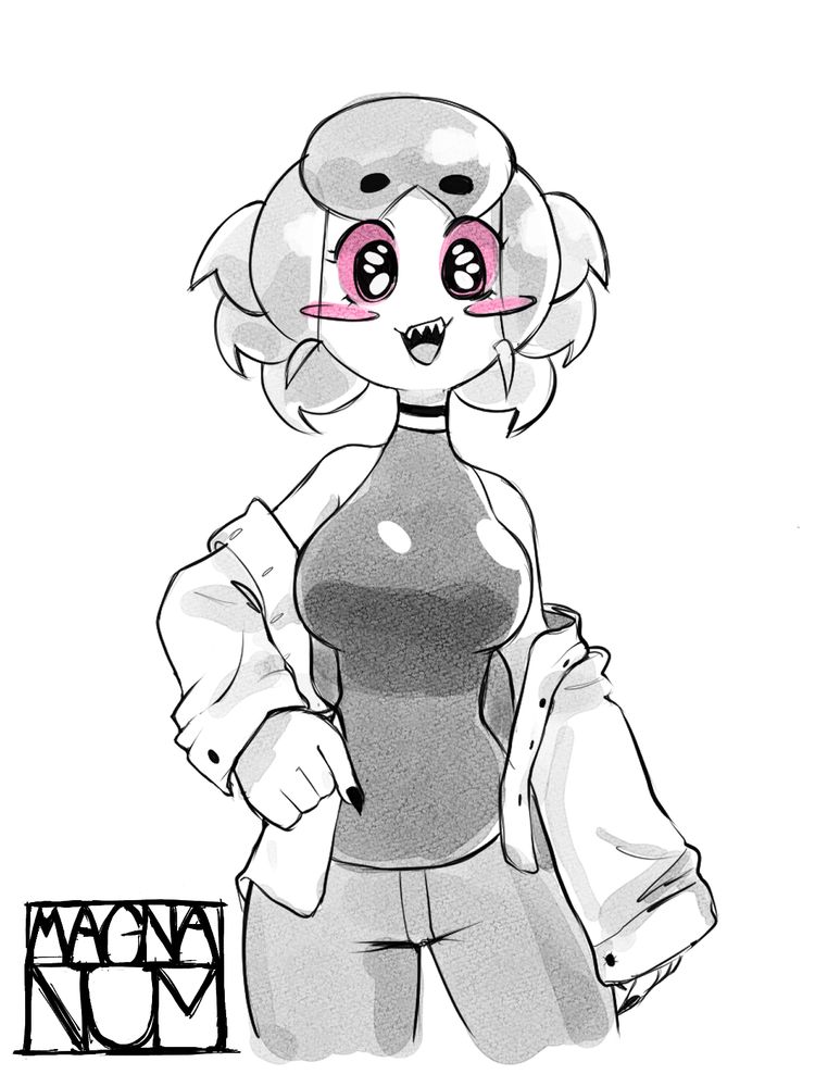 Black and white picture of num, the spider maid, in casual clothing
