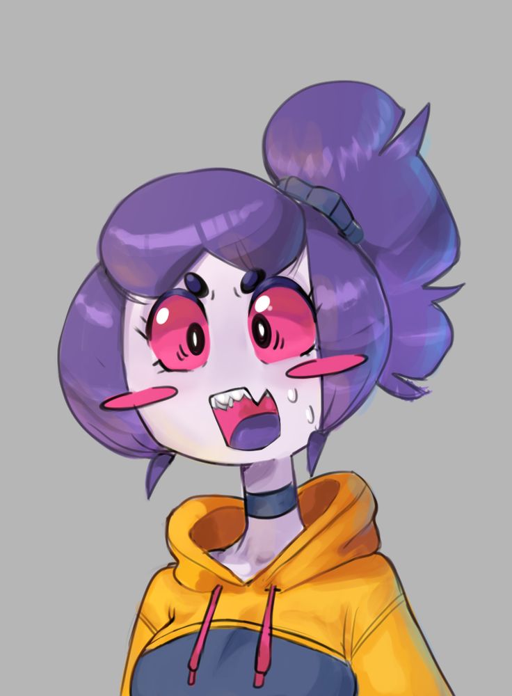 Spider maid Num, shocked, wearing a tellow and black hoodie and a chocker