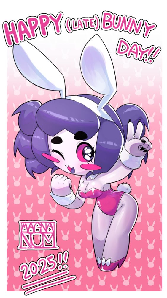 A chibi Num, a girl with a  pale purpleish skin, fangs black pointy nails, red sclera and purple hair tied in 6 drill ponytails,  making her hair resemble a spider.

She is dressed in a bright bunny suit,  giving a peace  and winking.

The background is a pink to white gradient, with a light bunny head pattern,  there is text that reads : "Happy (late) Bunny Day!! 2025)"