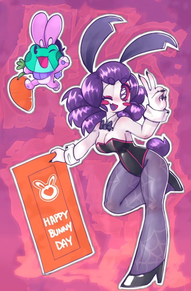 Num the spider maid, dressed up in a bunny suit, next to magna the frog in a bunny onesie, num is holding a sign that says " happy bunny day" while magna is carrying an oversized carrot