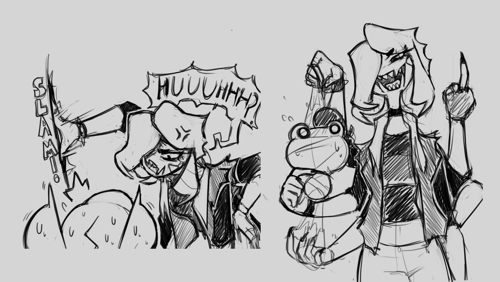2 sketches of different situations
a 6 armed girl, slamming her hand on a wall, glaring at another girl on the foreground, the foreground girl is  cartoonishly affraid.

the same 6 armed girl,  holding a frog in a web with her right arms, and flipping the viewer off with her right hand, she's grinning in a mocking way
