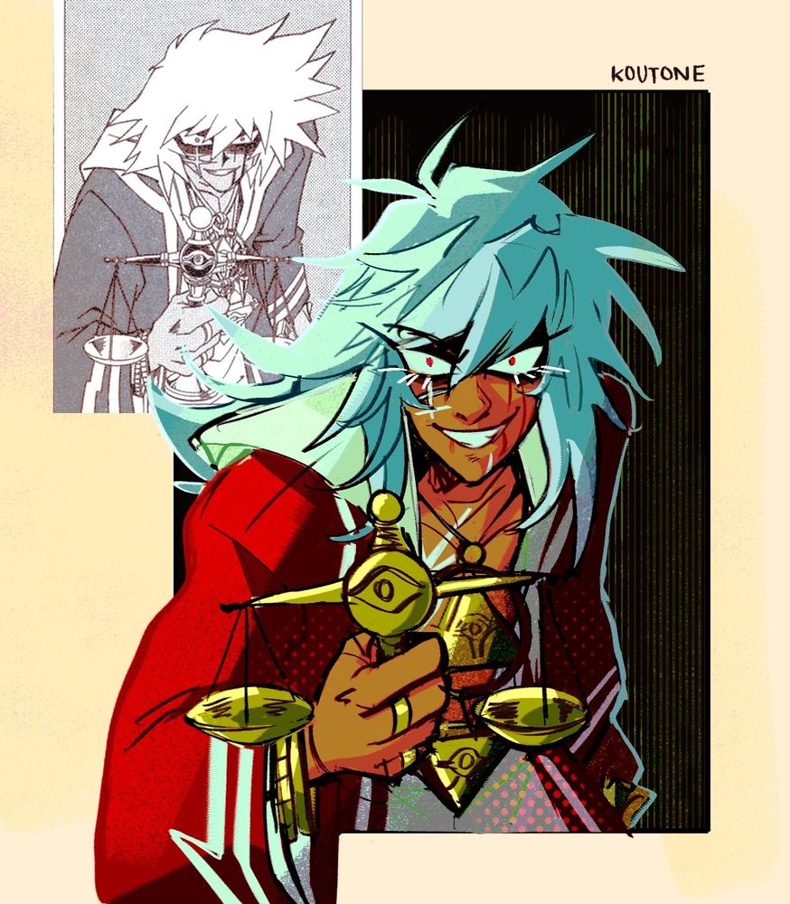 Manga redraw of Thief King Bakura holding the Millennium Items from Yugioh Duel Monsters