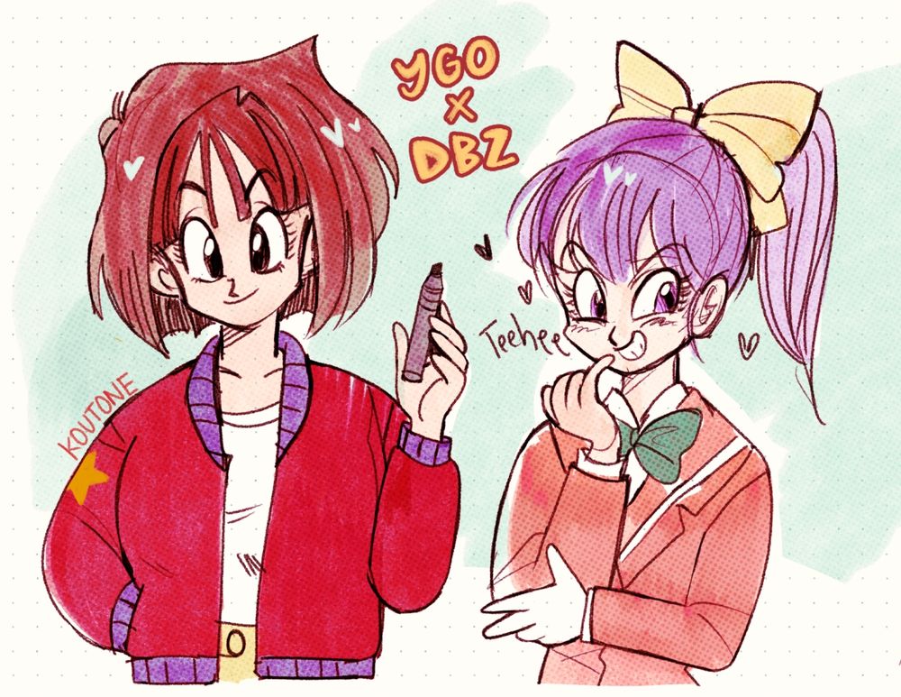 Anzu Mazaki and Miho Nosaka from Yugioh drawn in Akira Toriyama's style. Anzu is wearing a red bomber jacket and holding a marker. Miho is smiling cheekily with her arms crossed.