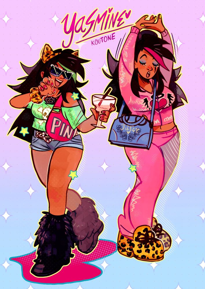Art of original female character in two different outfits inspired by 2010s fashion. She has dark skin, long black hair, and a curvy body type. On the left side, she's wearing a green top with a skull, a Pink bag, denim shorts, and black furry boots. She also has a hairband and scrunchie with cheetah print and is holding a margarita glass on her left hand. On the right side, she's wearing a hot pink tracksuit and a Juicy Couture bag.