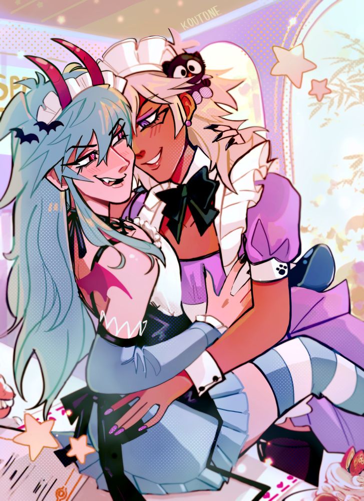 Marik Ishtar and Yami Bakura embracing at a cafe dressed in a purple and light blue maid outfit, respectively. Bakura is propped on top of a table surrounded by desserts with his legs around Marik's waist and his hands on his chest. Marik has his arms on Bakura's waist. They're both looking at each other. Marik is smirking and Bakura is licking his lips.