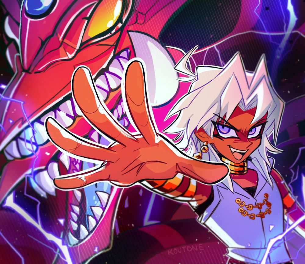 Art of Marik Ishtar with his hand outstretched, summoning Slifer the Sky Dragon. 