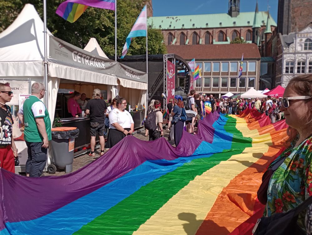 Mehrere Menschen halten eine riesengroße Regenbogenflagge