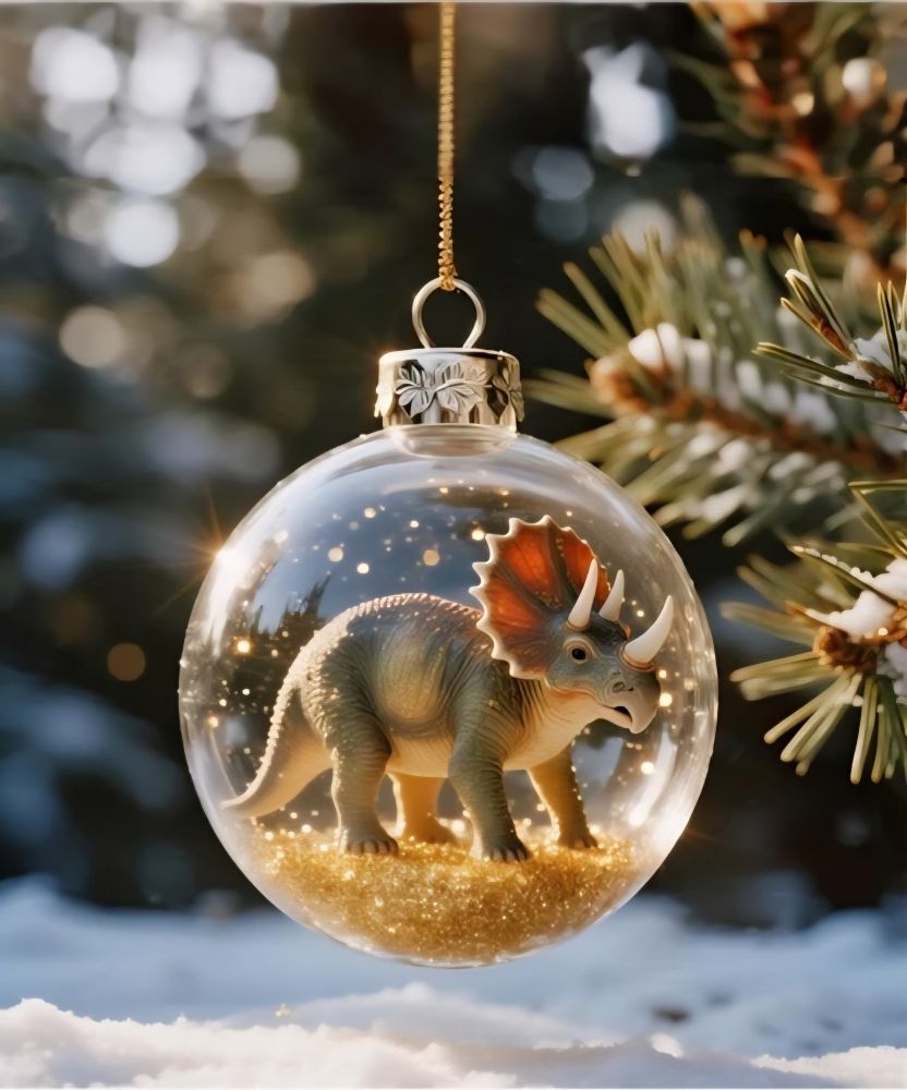 Eine Figur von einem Triceratops in einer Weihnachtskugel