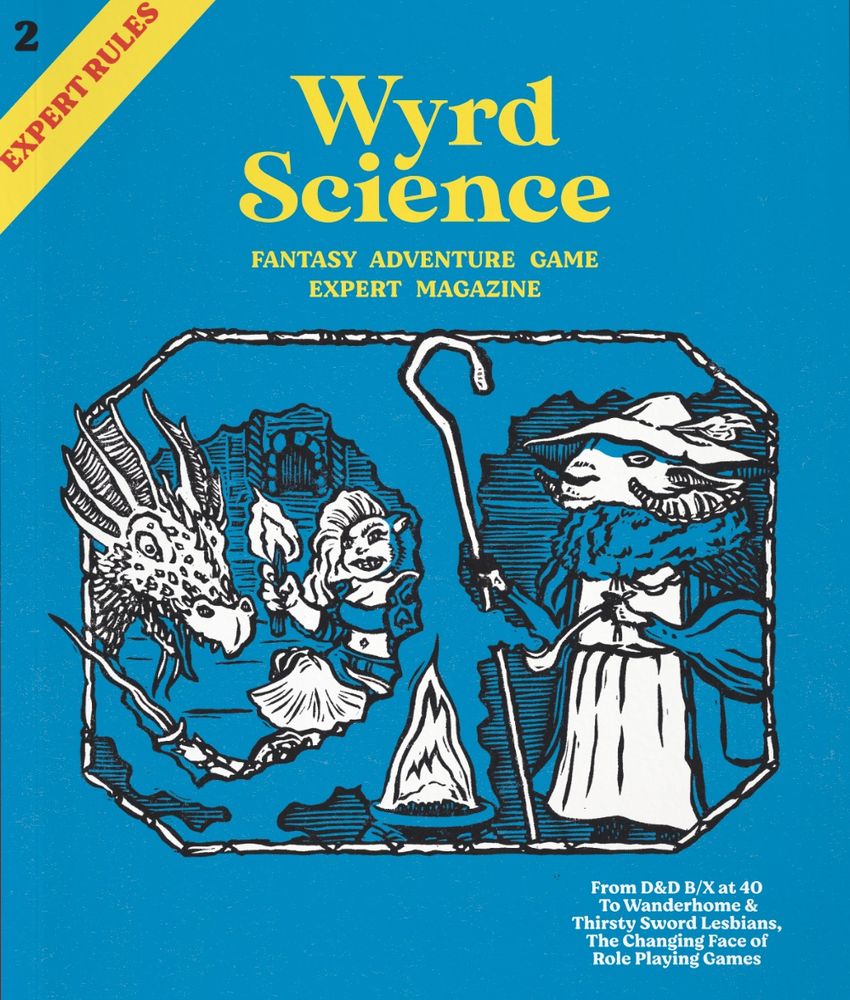 the cover of Wyrd Science issue 2 with a linocut print by Mat Pringle of animal characters from Wanderhome reenacting the D&D B/X cover