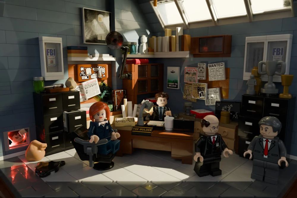 a close up of Mulder's office, with lots of little easter eggs around and lego versions of the posters on the walls