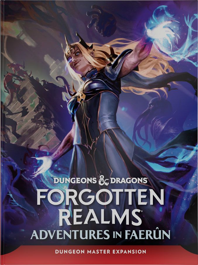 The cover to DnD - Forgotten Realms - Adventures in Faerun

it depicts a wizard of some kind doing magical stuff for some reason