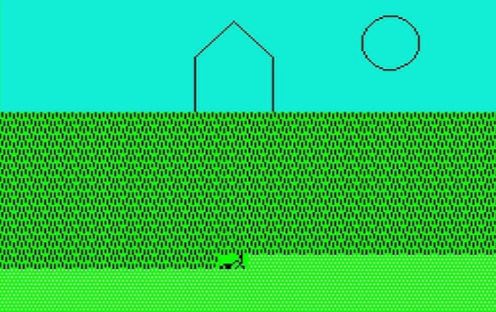 a screenshot from the game Advanced Lawnmower Simulator on the ZX Spectrum, an tiny sprite pushes a lawnmower across a monochrome ascii field