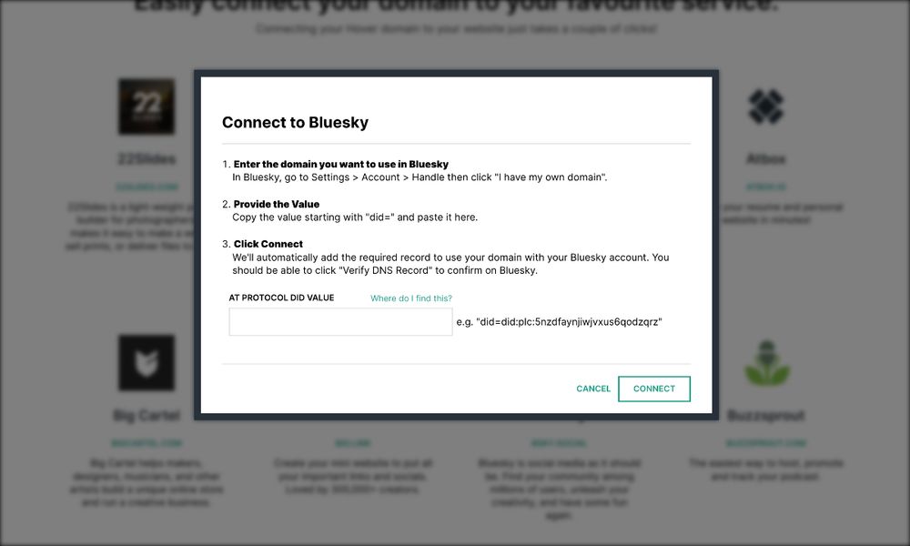 A screenshot of Hover Connect's Bluesky DNS tool that makes it easy to use your Hover domain name as your Bluesky handle.