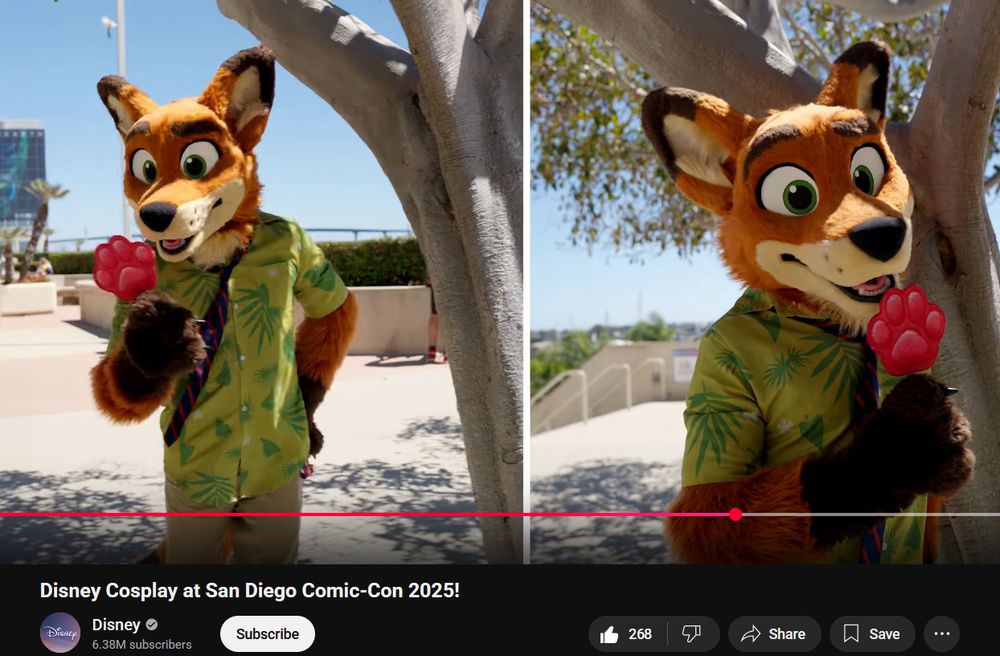 a youtubevideo for Disney Cosplay at San Diego Comic Con 2025 posted on the official Disney youtube channel showing a nick wilde fursuit