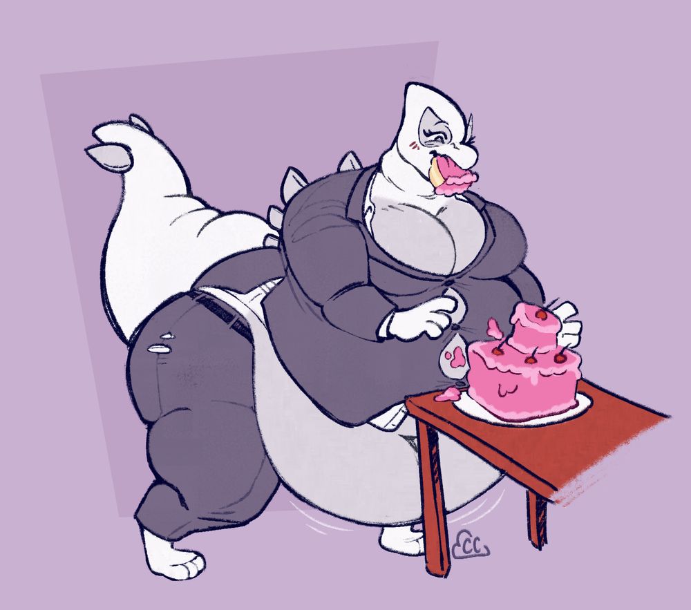 a fat anthro lugia eating a cake. they are wearing a grey suit, which barely fits their belly and is beginning to tear at the sides.