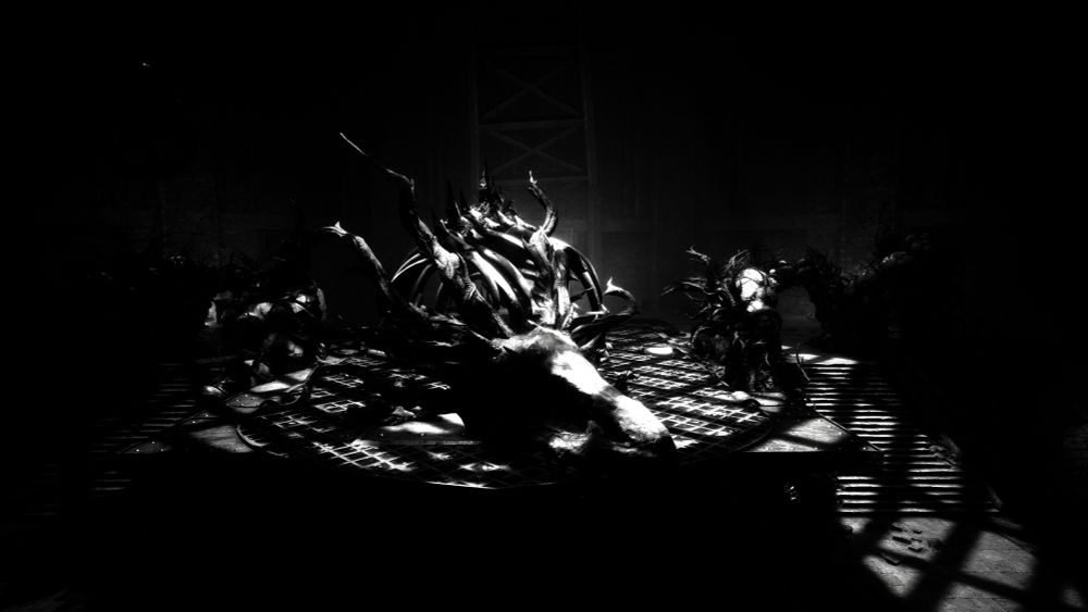 A black and white image of dragon bones resting above a cage like structure with the light casting a lattice like pattern overtop it.