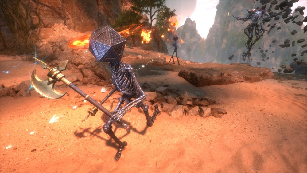 A zoomed in action shot of the skeleton with the d20 head that is carrying an axe. He is running towards the camera and to the left. 