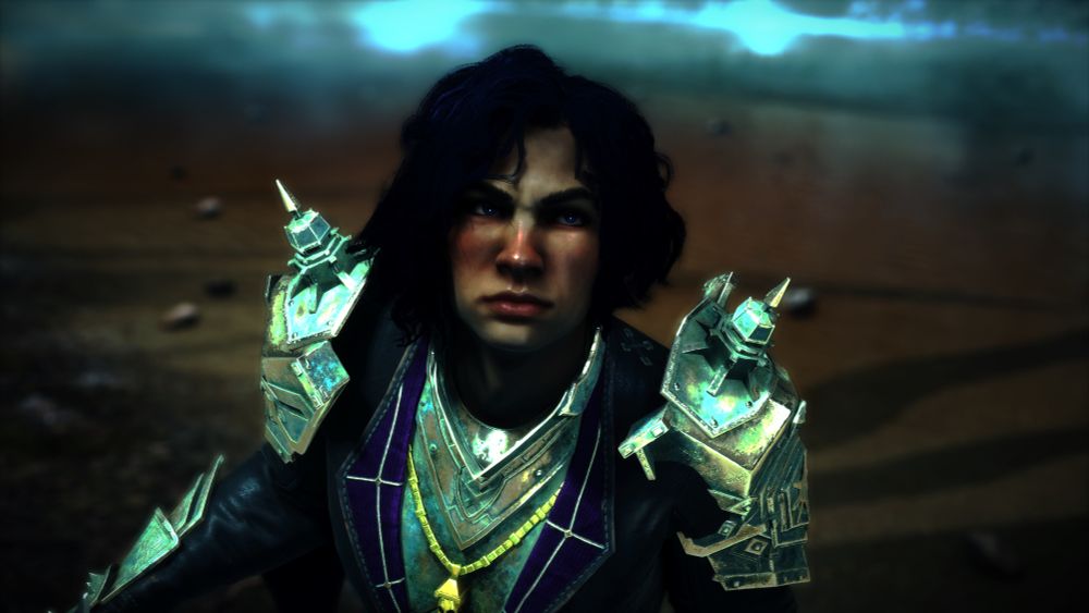 Rook is scowling at the camera, in green and purple mourn watch armor. They are ready for a fight. 