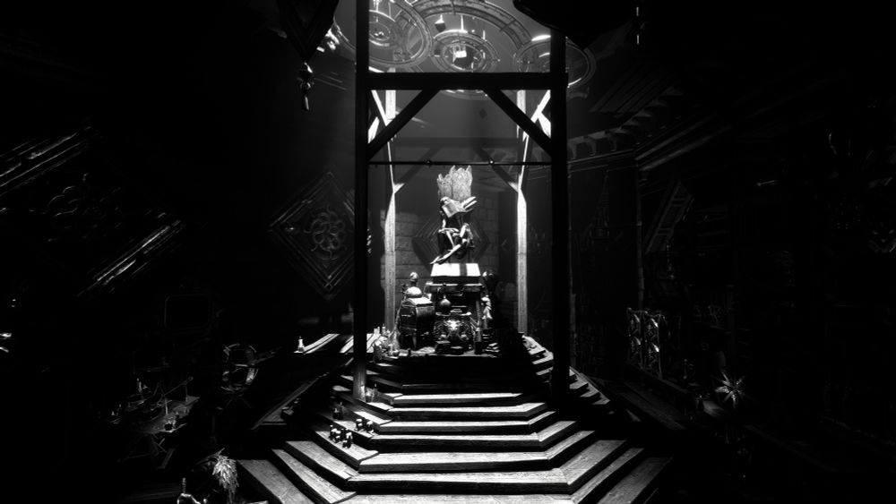 A black and white image of the shadow broker sitting on his throne— a corpse-like figure with a twisted body sitting on a throne surrounded by bones and treasure atop a platform made of stairs in a room full of spoils and treasure.