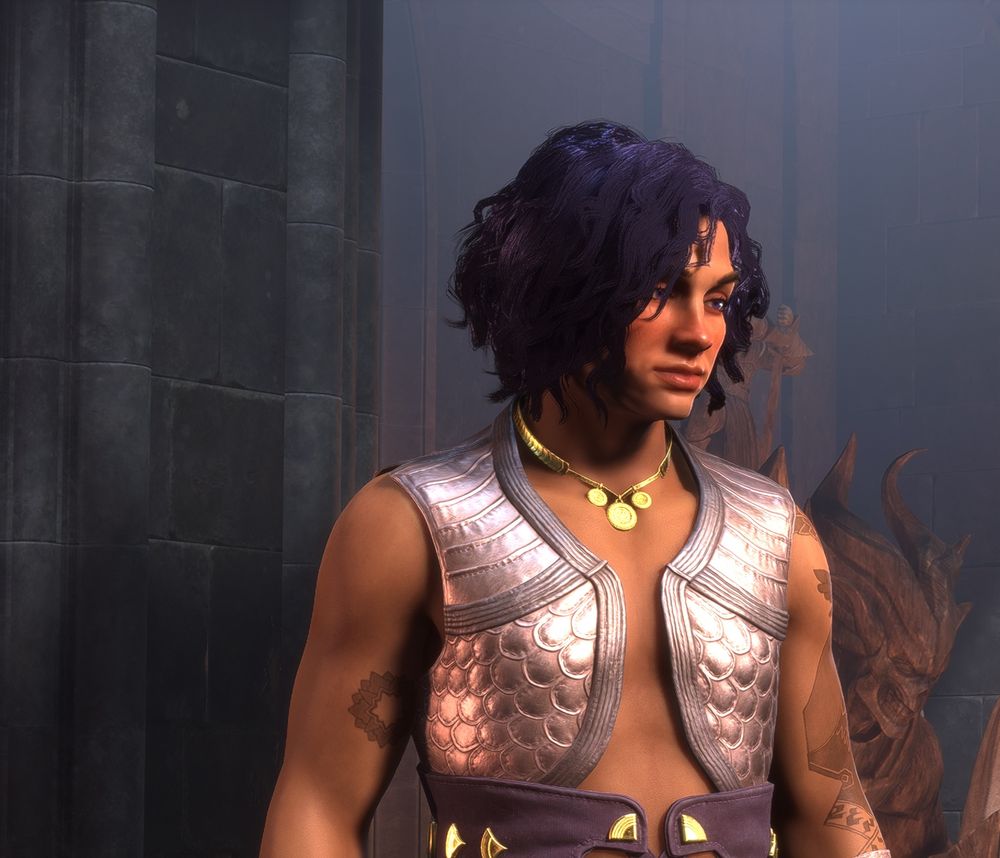 A waist up photo of Rook. They are looking away from the camera. They are tan, a light blush on their cheeks and nose, wearing a purple armored open chest vest and belt with gold jewelry. They have tattoos on their arms of snakes. Their eyes and hair are dark purple, and their hair is short, jaw length, and their hair is curly. 