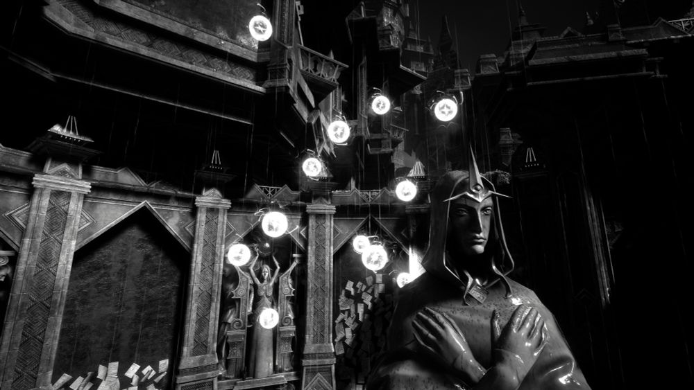 A black and white image of a chantry courtyard, a statue is folding her arms across her chest in the foreground. Behind it, spirits, or orbs of light, float in the air, casting a glow onto a floating minrathous cityscape.