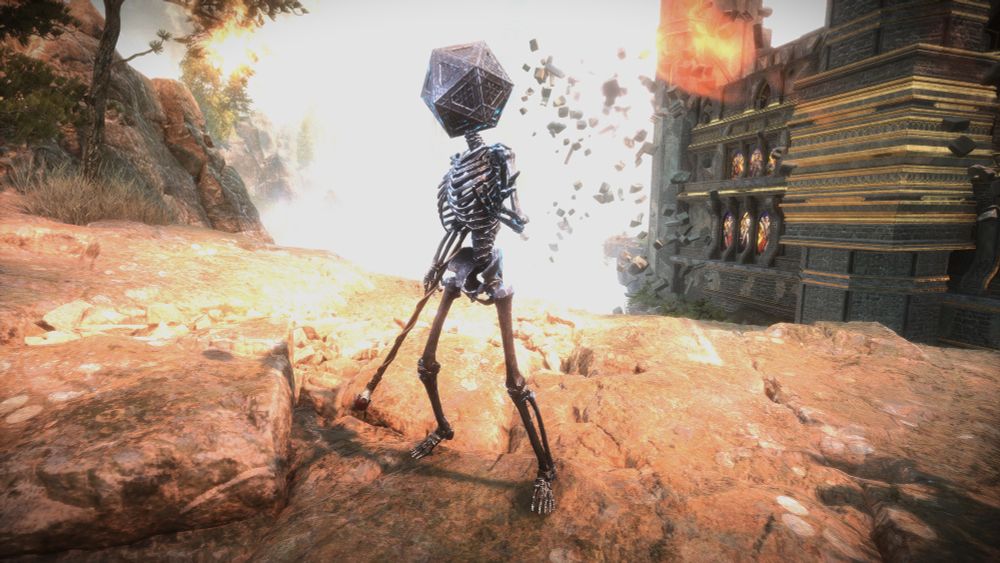 A grey silver skeleton creature with a head that looks like a d20 dice stands on the edge of a cliff holding a sword. It is taking a “come at me bro” stance.