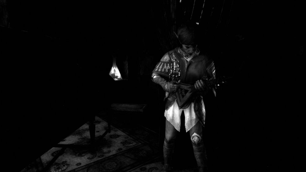 A black and white image of an elven bard character playing a lyre type instrument on a stage in a tavern.