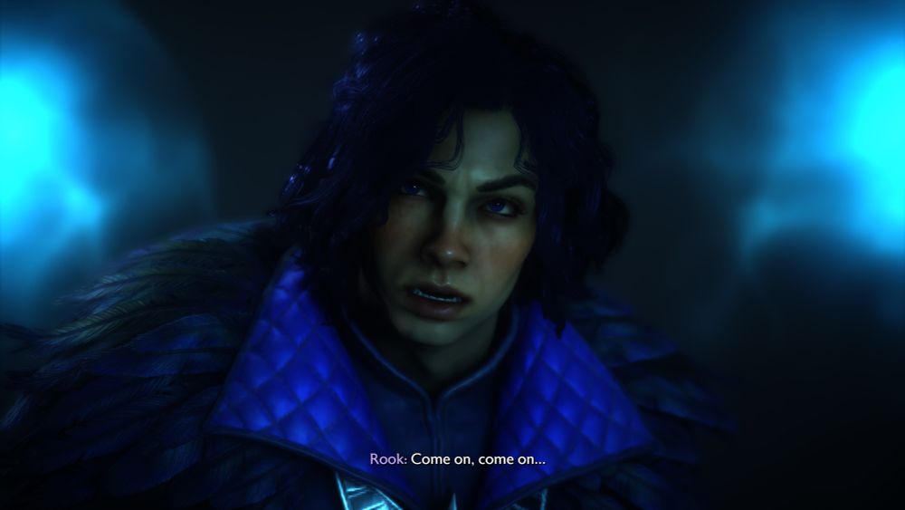 Rook is looking at the camera. The photo is chest up and bright blue lights are behind them illuminating them from behind. (Gilahn’nain’s eyes) They are in padded purple armor with long black feathers at the shoulders. They are scrunching their eyebrows in anticipation and their mouth is open. The subtitle reads “Rook: Come on. Come on…”
