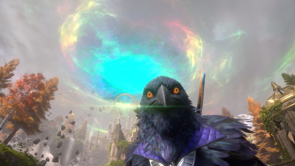 A brightly lit photo of an Arlathan sky with a magical fade anomaly in the background. (Lots of bright blue, pink and yellow light swirling around in a circle in the sky.) In the right hand corner, Rook is looking into the camera wearing a crow mask so it looks like a crow is staring at you. It has bright orange eyes that go two different directions. 