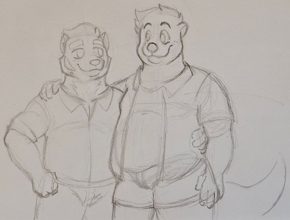 a cartoon anthropomorphic american badger and sea otter. the badger has a paw around the otter's waist and the otter has a paw on the badger's shoulder. they're looking at eachother and smiling. the badger has a stocky, muscular build and is wearing a rodeo shirt and jeans. the otter is wearing an open short sleeve button up with an under shirt underneath, and a pair of short shorts. the otter has a pear shaped build with a big belly and moobs.