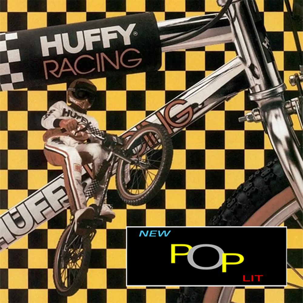 A BMX bicyclist doing a wheelie and the New Pop Lit logo against a yellow and black checkerboard background.