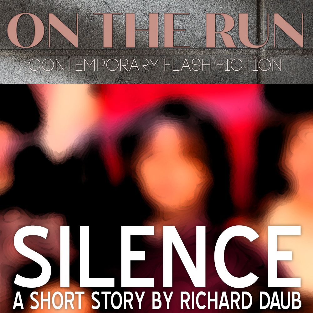 At the top, the logo for "On the Run" literary journal of contemporary flash fiction. Below, the blurred image of a child of a group photo and text: "Silence, a short story by Richard Daub".
