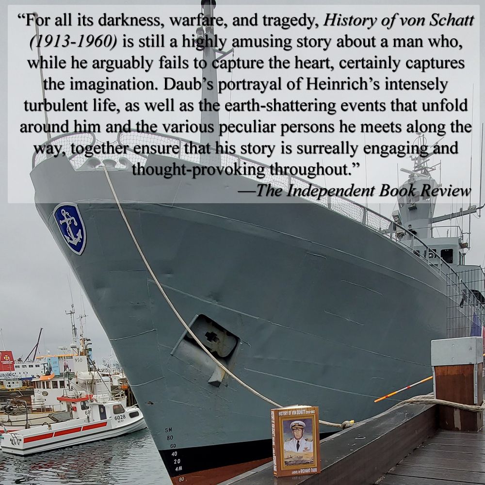 A hardback copy of the novel "History of von Schatt (1913-1960)" by Richard Daub placed on an Icelandic pier in front of an old ship.