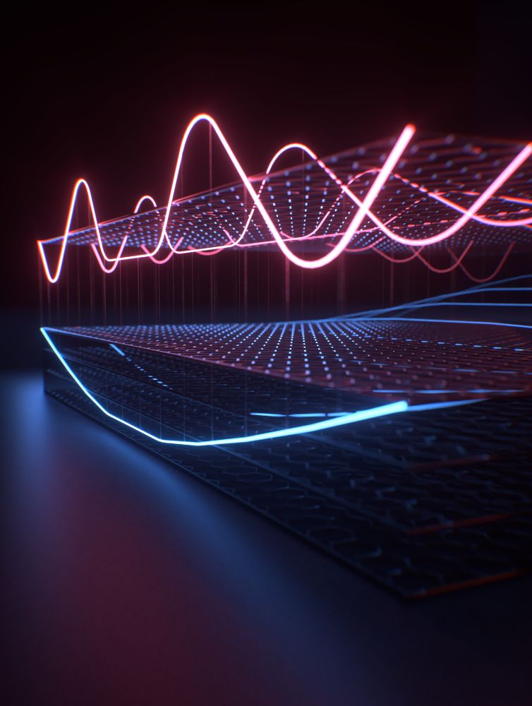 Artist rendering (by Brad Baxley) of two self-cavity modes interacting. A red glowing wave line is found in one layer (represented by a hexagonal lattice). Beneath this is another stack of hexagonal lattices, that also exhibits a second glowing line (blue). The red and blue lines exhibit distorted shapes that are due to their hybridization (also indicated by puppet-like strings tying them together).