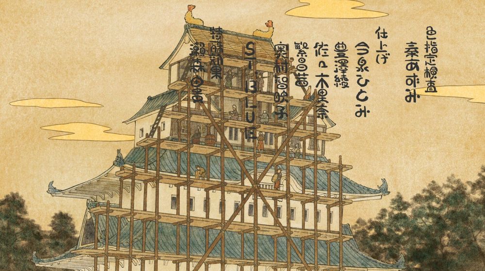 Screenshot from CITY the Animation episode 5 . This picture is drawn in the style of an Ukiyo-e woodblock illustration and shows a castle being built. 