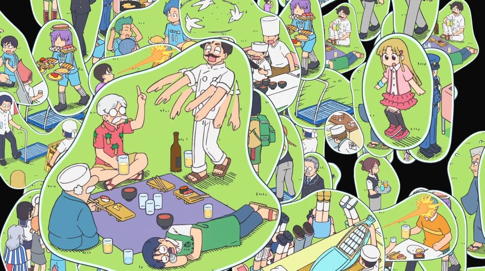 Screenshot from CITY the Animation episode 5 . This screenshot shows many scenes happening at the same time. Characters are separated into bubbles floating around. 