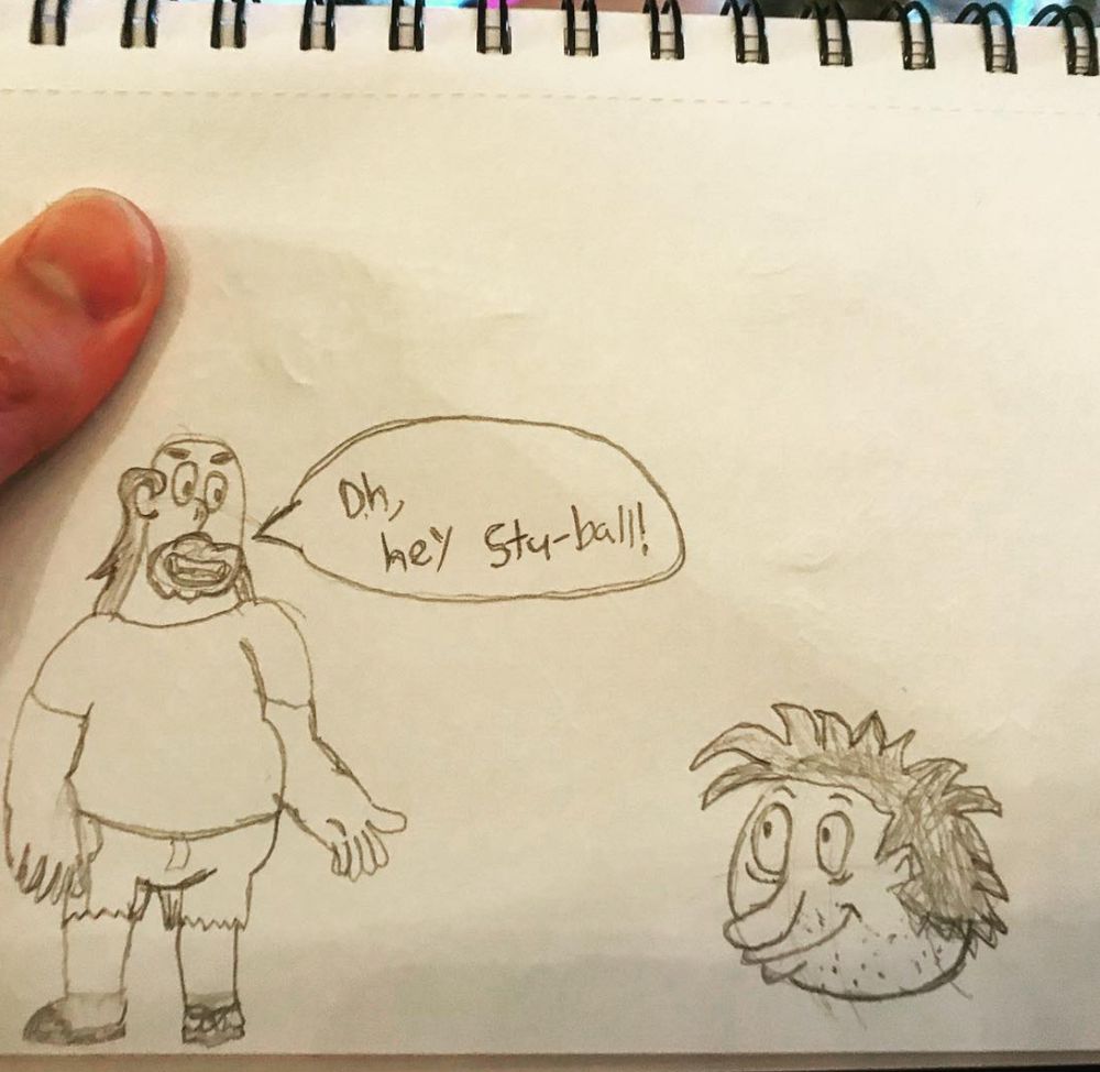 Greg from Steven Universe saying his “Hey, Stu-ball!” line. Except he’s greeting a ball that has the face of Stu from The Rugrats. It stares up at Greg with a cold, lifeless smile.