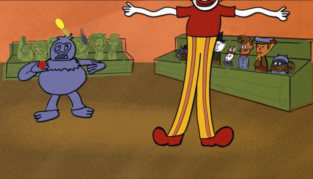 A 1950s UPA-inspired illustration of a circus: a juggling gorilla and a very tall clown are performing for two stands of human and animal patrons.