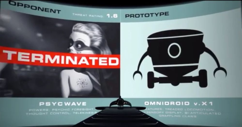 Mr. Incredible looking up at a giant IMAX-sized screen, which reveals that an old superhero friend of his died from one of Syndrome’s robots.