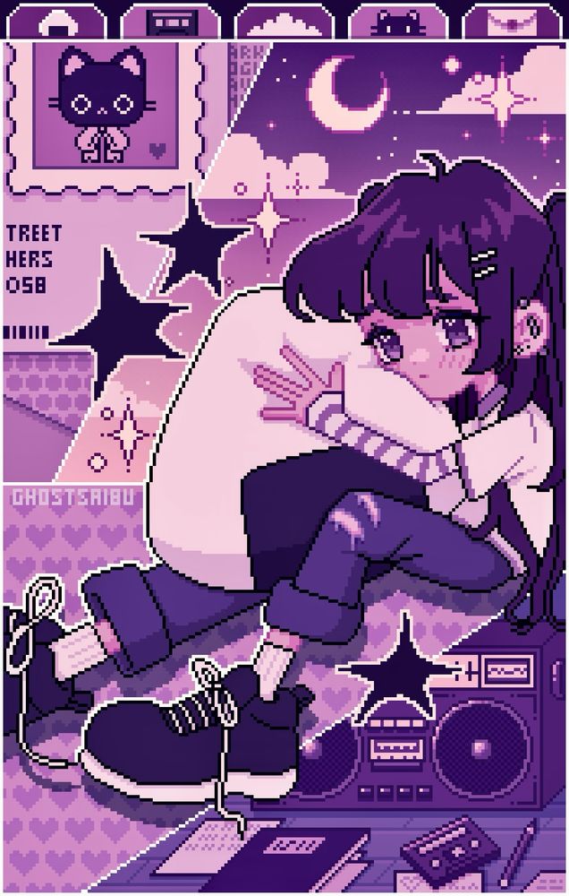 Pixel art illustration of girl with long black hair sitting down and hugging an onigiri pillow. The background is sectioned into 4 parts, the upper right corner shows a night sky, upper left shows envelopes stacked on eachother with a black cat stamp, mid section shows repeating hearts, and bottom section shows a boom box with a notebook and tapes. The color scheme is pink and purple. 