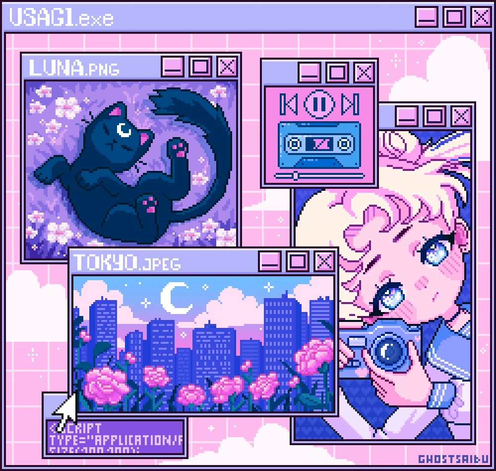 Pixel art in a pink purple and blue color palette. The art is contained in web browser style panels. Luna the cat is laying down in grass in the upper left window, a cityscape of Tokyo in the lower panel, a music player with a tape in the top right, and a panel containing usagi holding a camera in the lower right 
