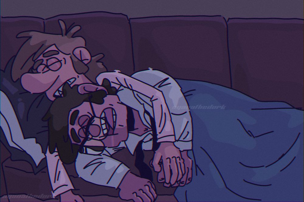 ilustration of Fiddleford and Stanford sleeping together. Fiddleford hangs his arm on top of Stanford. They are both wearing white shirts and untied ties. A blanket is tossed on top of them.