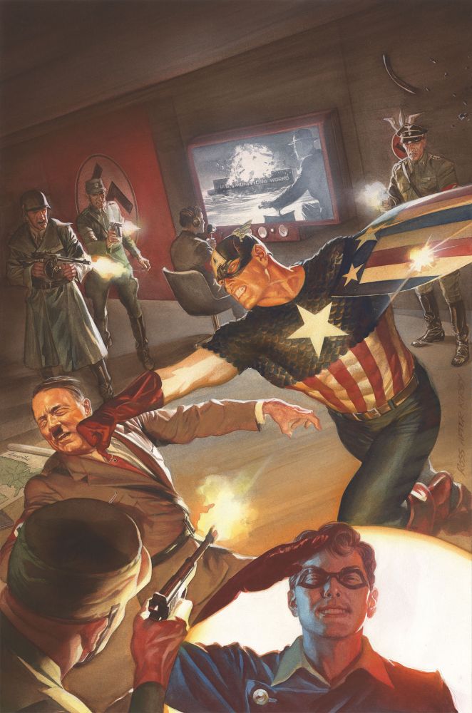 Illustration of Captain America punching Adolph Hitler while nazis shoot at him. Bucky Barnes is in the corner saluting. 