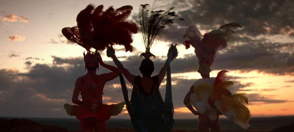 Silhouette of Tick, Adam and Bernadette in full stage costume at sun set in the desert 