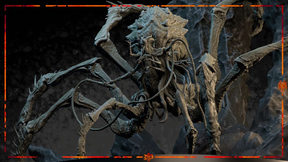 Medium shot of Loth. Much of the original Dark Elf is no longer there but still wanted to represent it as much of her body have been transformed and turned into an exoskeleton. Eight arms and eight legs climbing down a stalagmite. Wielding a whip in one hand. 