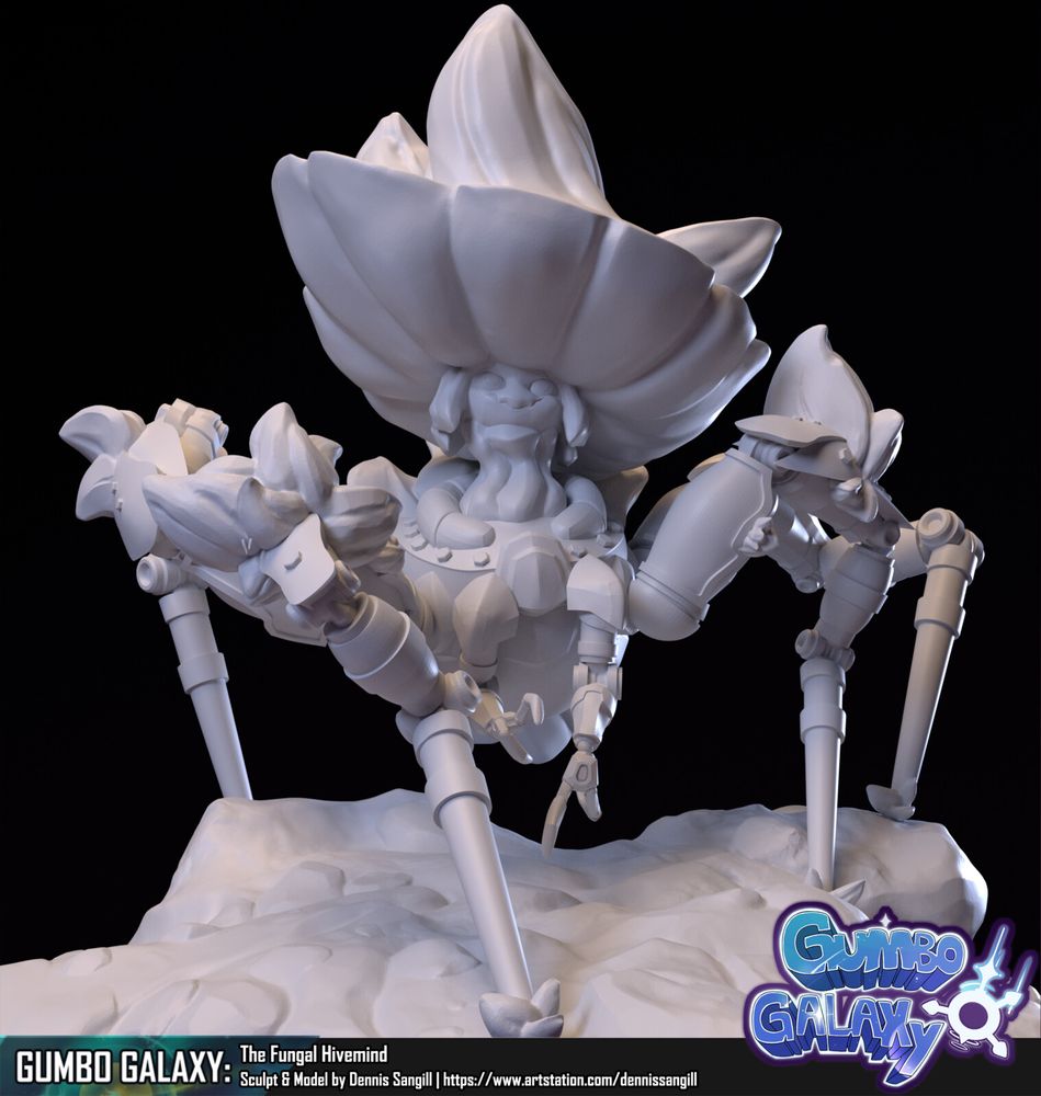 "The Fungal Hivemind controls the battlefield by spreading their army of robotic spider-shrooms like a thick web of deceit. So tread carefully in her domain or you will soon find yourself ensnared by plots within plots and be lost in the haze of spores."
One of the main playable game pieces done for the up-and-coming boardgame Gumbo Galaxy. Directed by Rasmus Mogensen. The Fungal Hivemind was sculpted and posed by me, so that they may be ready for 3D printing as well as being implemented inside TableTop Simulator.
If you want to follow the development of Gumbo Galaxy join the Discord at: https://discord.gg/zPqptHDEHq for more updates and sneak peeks at this amazing project.