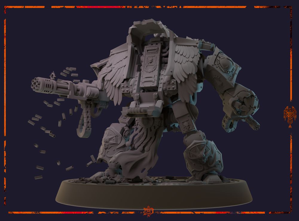 A Dreadnought from Warhammer 40k with decor of the and insignias of the Blood Angels faction.. Doing a bit of an action pose with its machine gun shooting and having it coffin opened up. 