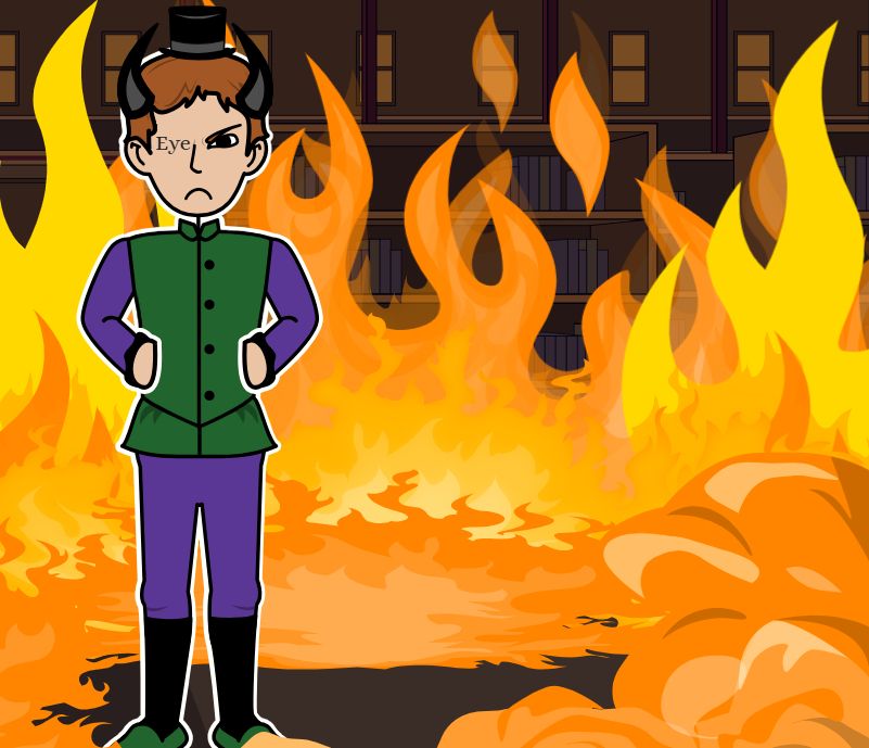 A panel of Matthason angrily holding his hands on his hips while looking at the camera. He's surrounded by fire in a library. This panel was created using a comic website called "Storyboardthat". Matthason is a character from a Friday Night Funkin' mod called Vs. Dave and Bambi